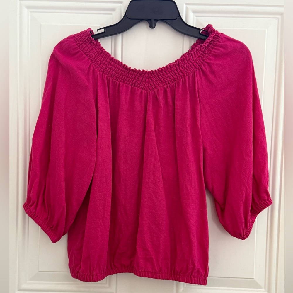 INC Womens Fuchsia Hot Pink Smocked Off Shoulder Linen Rayon Peasant Blouse M